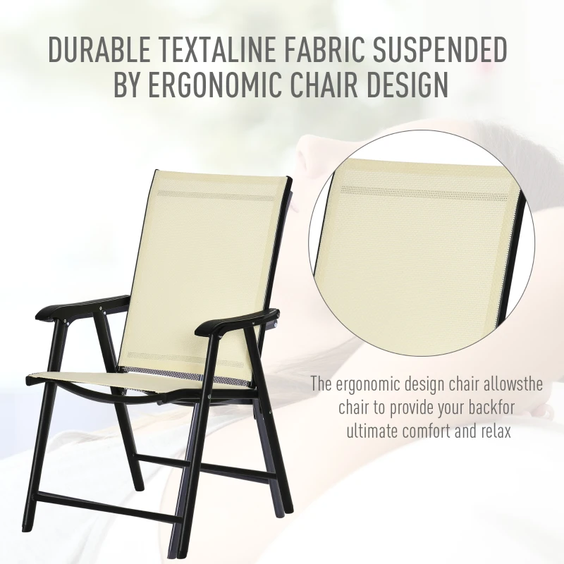 Outsunny Set of 2 Folding Garden Chairs - Metal Frame Outdoor Patio Park Dining Seats with Breathable Mesh Seat, Beige