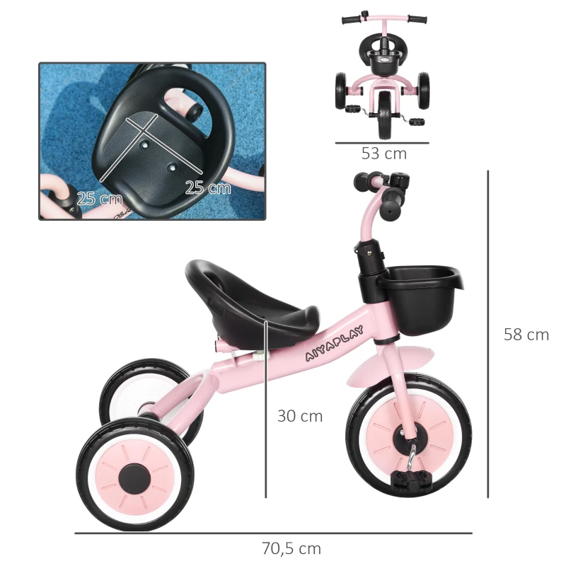 AIYAPLAY Triciclo para Crianças de 2 a 5 anos com Assento Ajustável Cesta Buzina e Pedais e 3 Rodas 70,5x53x58 cm Rosa