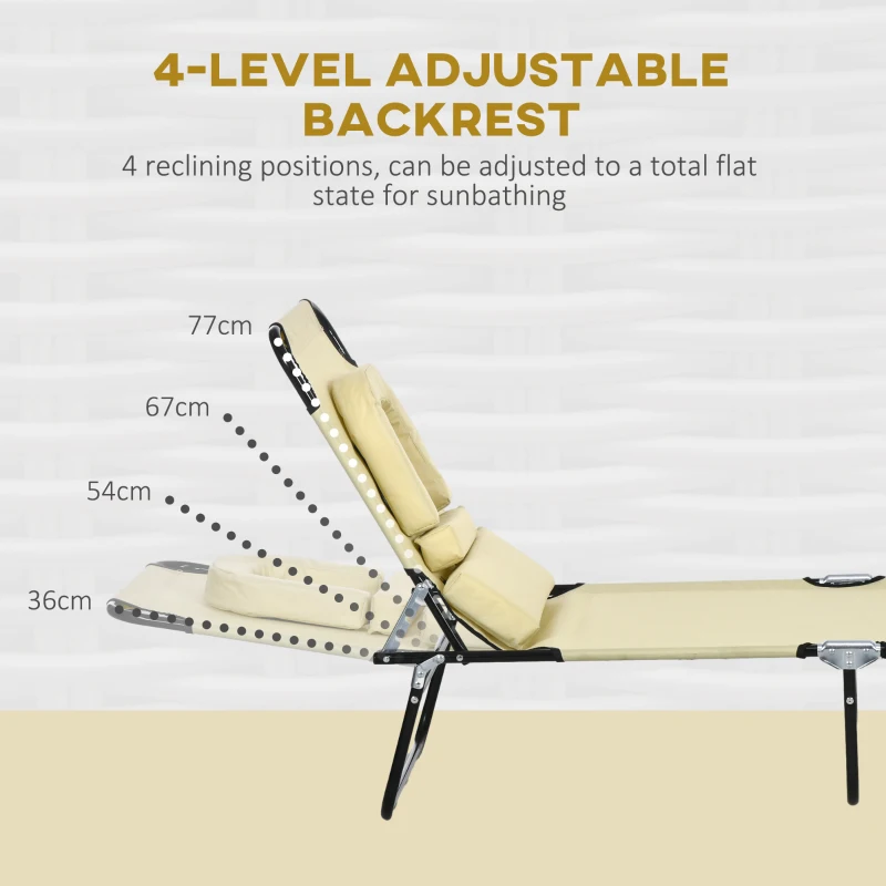 Outsunny Outdoor Foldable Sun Lounger Set of 2, 4 Level Adjustable Backrest Reclining Sun Lounger Chair with Pillow and Reading Hole, Beige
