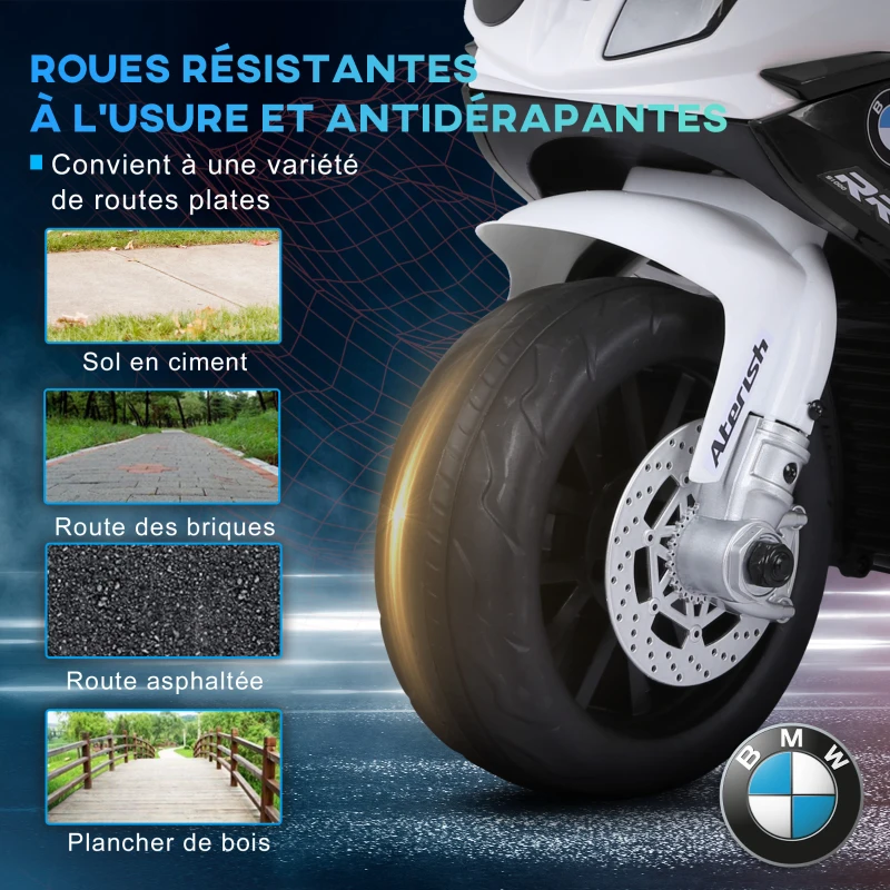 HOMCOM Moto électrique enfants sous licence BMW S1000 RR, 3 roues, 6V et 2,5 Km/h, voiture électrique enfants avec effets lumineux et sonores, moto enfant, charge max. 20 kg, noir