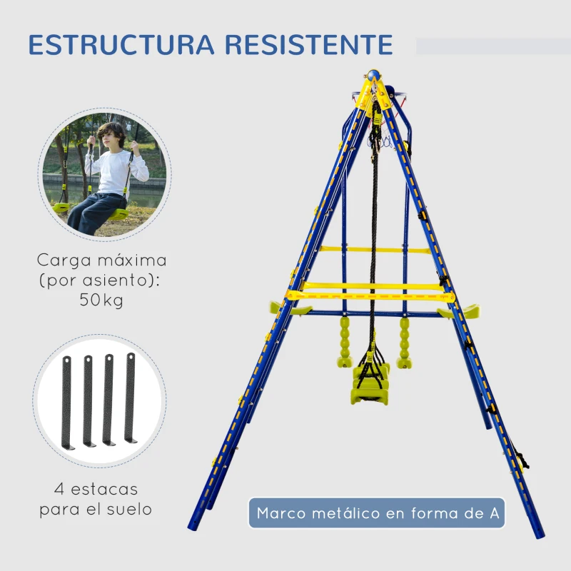 Outsunny Juego de Columpios Infantil de Metal con 2 Asientos Doble Balancín Escalera Torre de Escalada y Canasta Parque de Jardín para Niños +3 Años 315x138x175 cm Multicolor