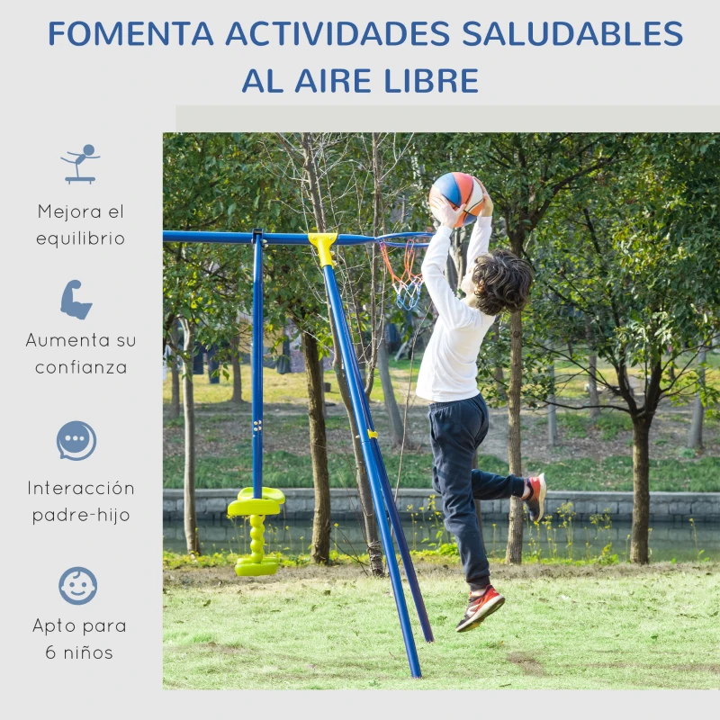 Outsunny Juego de Columpios Infantil de Metal con 2 Asientos Doble Balancín Escalera Torre de Escalada y Canasta Parque de Jardín para Niños +3 Años 315x138x175 cm Multicolor