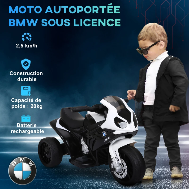 HOMCOM Moto électrique enfants sous licence BMW S1000 RR, 3 roues, 6V et 2,5 Km/h, voiture électrique enfants avec effets lumineux et sonores, moto enfant, charge max. 20 kg, noir