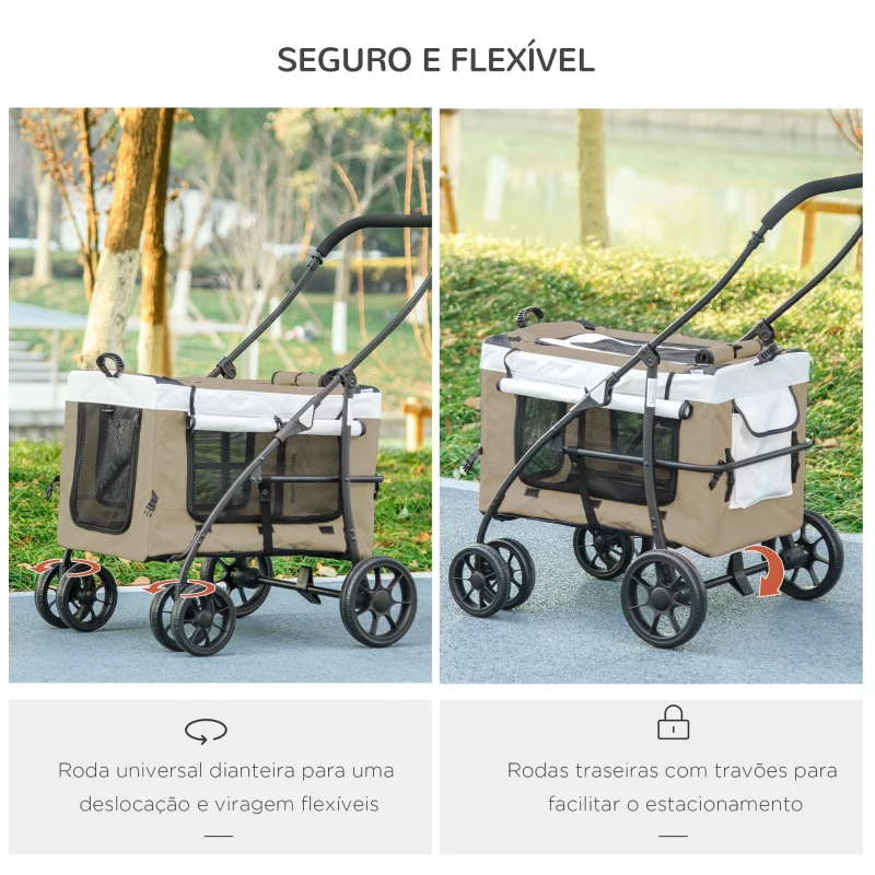 PawHut Carrinho para Animais de Estimação Carrinho para Cães Dobrável com Compartimento Desmontável 4 Portas 81x58x97,5 cm Cáqui