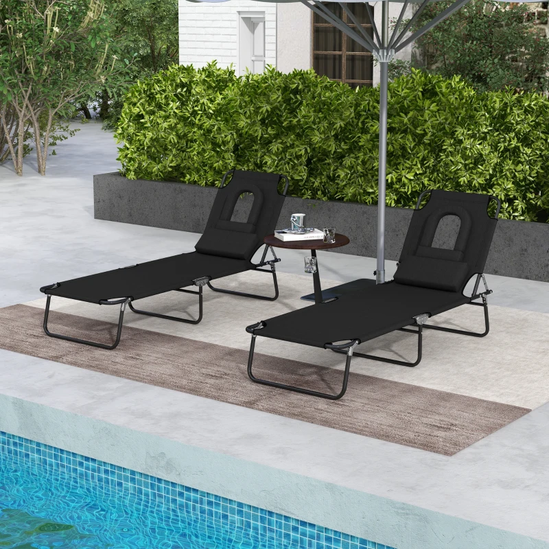 Outsunny Outdoor Foldable Sun Lounger Set of 2, 4 Level Adjustable Backrest Reclining Sun Lounger Chair with Pillow and Reading Hole, Black