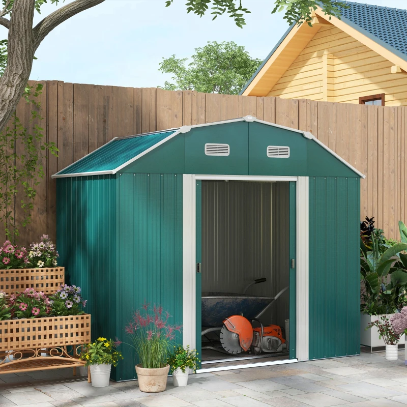 Outsunny Tuinhuis Tuinschuur Gartenschuppen, weerbestendig, 2 ramen, 2 deuren, 238 x 132 x 198,5 cm, Groen