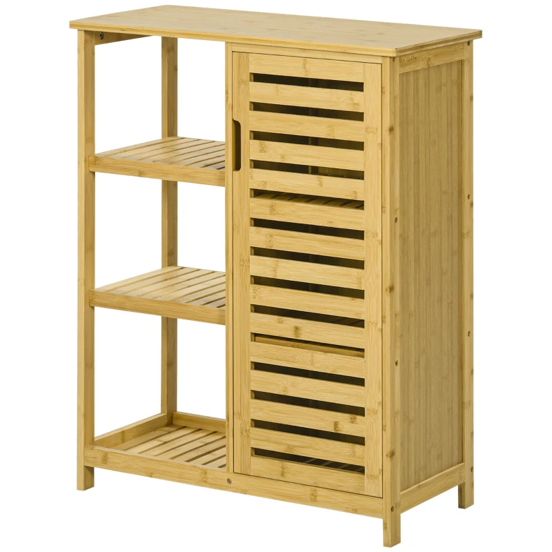 kleankin Bamboo Bathroom Cabinet, 3 Shelves, 1 Cabinet with Louvered Doors, Natural