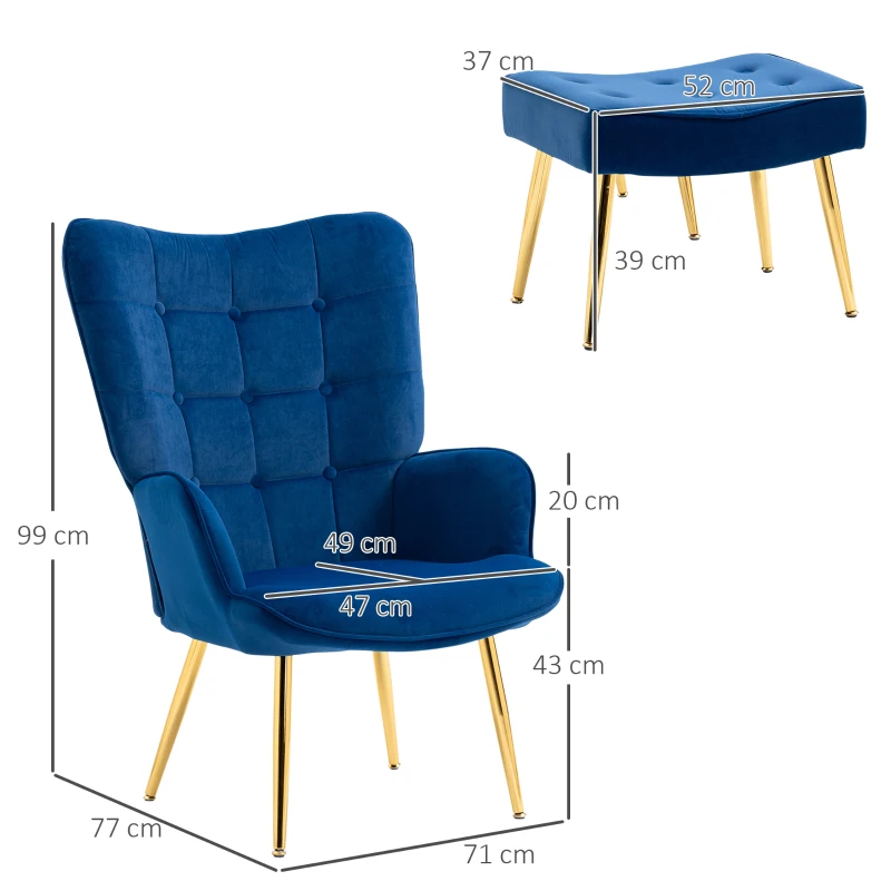 HOMCOM Modern Armchair with Footstool, Upholstered Accent Chair with Ottoman, Steel Legs, Velvet Wingback Chair for Living Room, Bedroom, Home Study, Dark Blue(m-3)