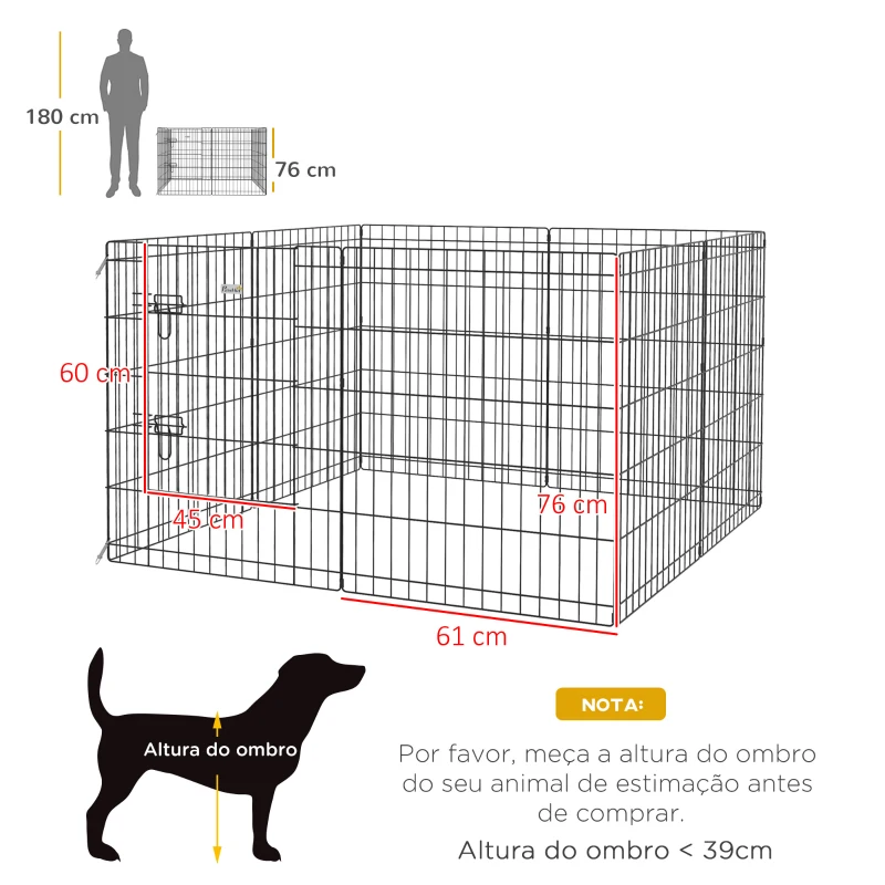 PawHut Parque para Cães 8 Painéis Dobráveis Gaiola Metálica para Animais de Estimação com Porta e Dupla Fechadura 76x61cm Preto