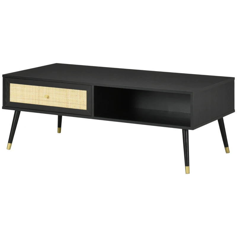 HOMCOM Couchtisch im Boho-Design, mit 1 Schublade, 2 Fächern, Rattan-Element, Schwarz + Natur