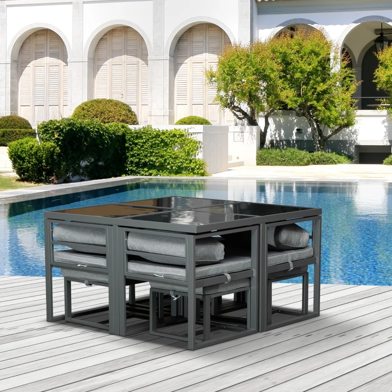 Outsunny 9PCs Patio Aluminium Dining Set - Space Saving Cube Set Including 4 Chairs, 4 Ottomans, Cushions, 8-Seater Garden Furniture