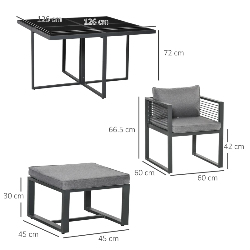 Outsunny 8 Seater Garden Dining Cube Set - Aluminium Outdoor Furniture Set Including Dining Table, 4 Chairs, and 4 Footstools with Cushions, Grey