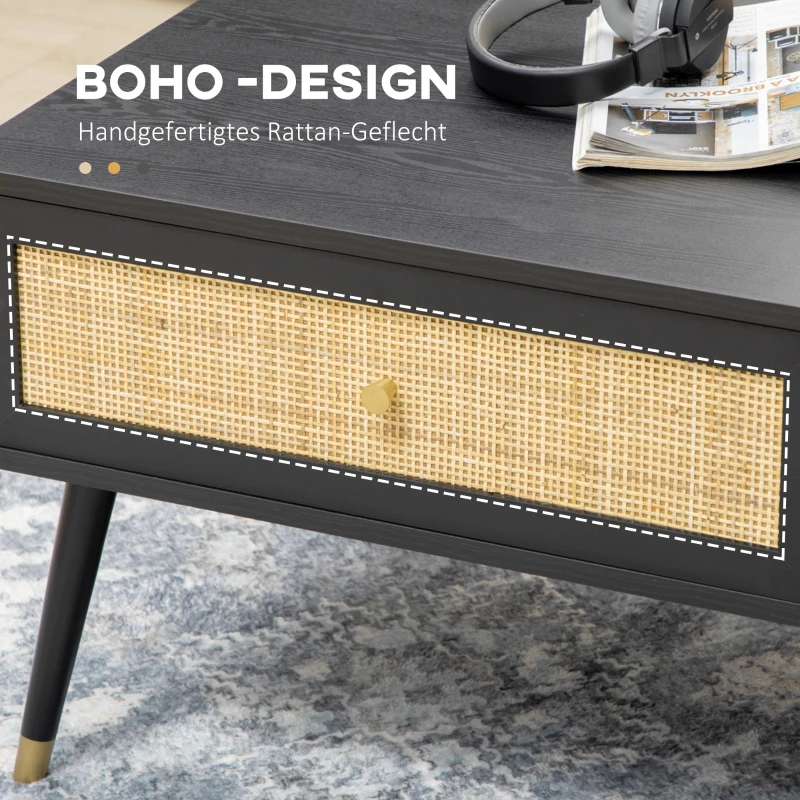 HOMCOM Couchtisch im Boho-Design, mit 1 Schublade, 2 Fächern, Rattan-Element, Schwarz + Natur