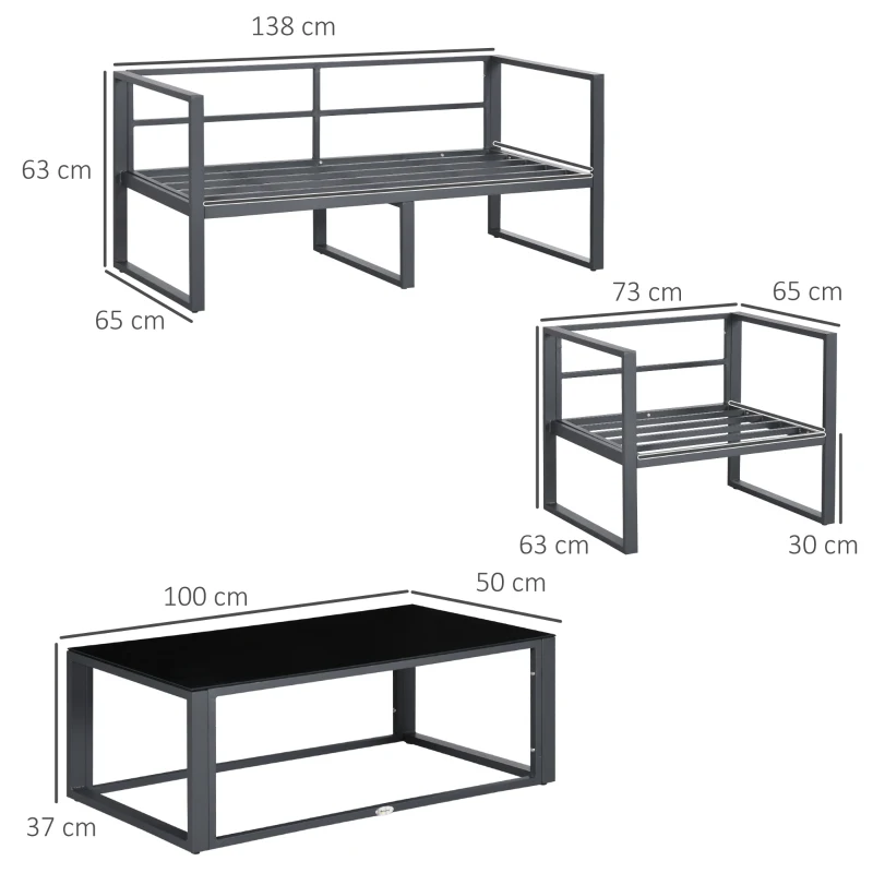 Outsunny 4 Pieces Garden Sofa Set, Including 2 Single Armchairs, 1 Bench & Side Table, Aluminium Frame Patio Furniture with Cushions, Grey