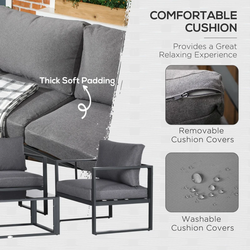 Outsunny 4 Pieces Garden Sofa Set, Including 2 Single Armchairs, 1 Bench & Side Table, Aluminium Frame Patio Furniture with Cushions, Grey