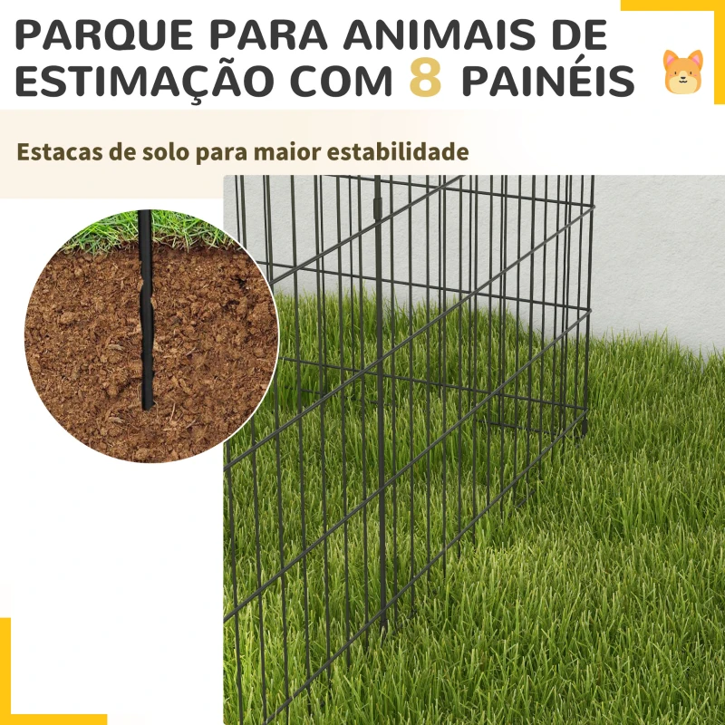 PawHut Parque para Cães 8 Painéis Dobráveis Gaiola Metálica para Animais de Estimação com Porta e Dupla Fechadura 76x61cm Preto