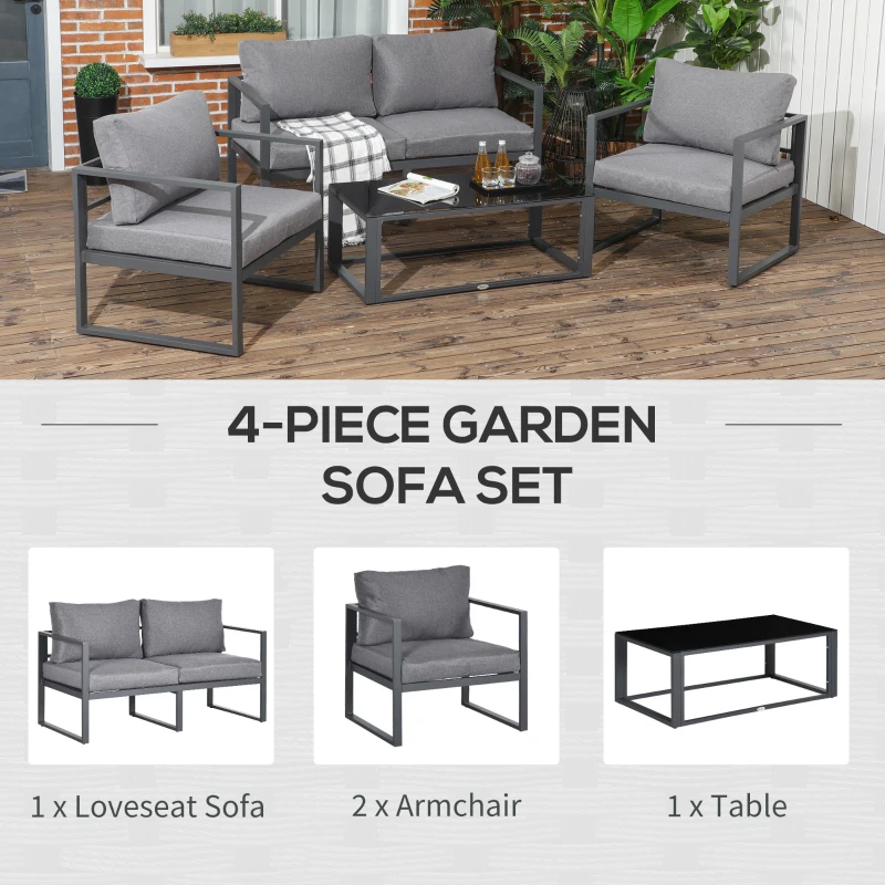 Outsunny 4 Pieces Garden Sofa Set, Including 2 Single Armchairs, 1 Bench & Side Table, Aluminium Frame Patio Furniture with Cushions, Grey
