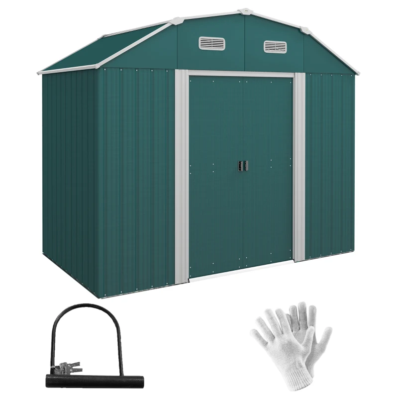 Outsunny Tuinhuis Tuinschuur Gartenschuppen, weerbestendig, 2 ramen, 2 deuren, 238 x 132 x 198,5 cm, Groen