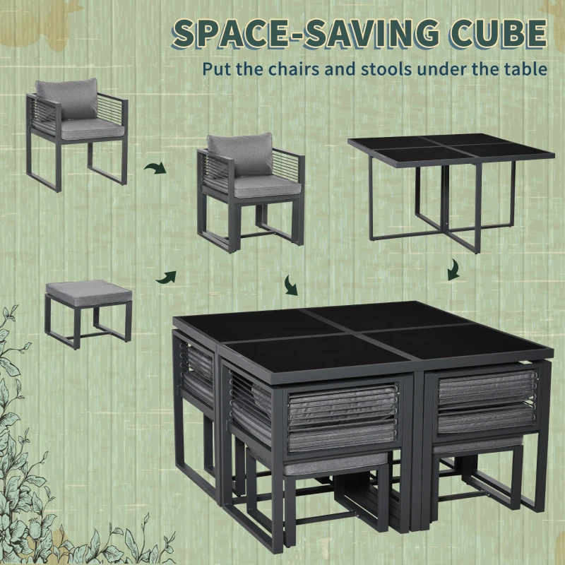 Outsunny 8 Seater Garden Dining Cube Set - Aluminium Outdoor Furniture Set Including Dining Table, 4 Chairs, and 4 Footstools with Cushions, Grey
