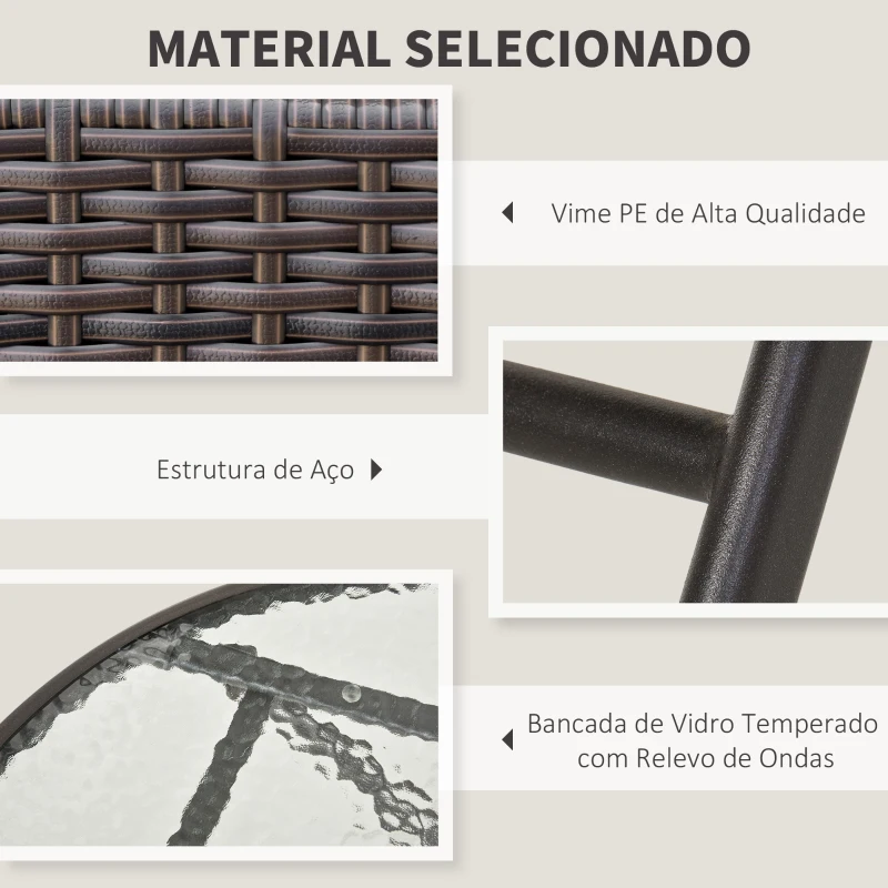 Outsunny Conjunto de Mesa e 2 Cadeiras Móveis Ratan para Jardim Dobrável Estrutura Aço - Castanho - 61x46x84cm