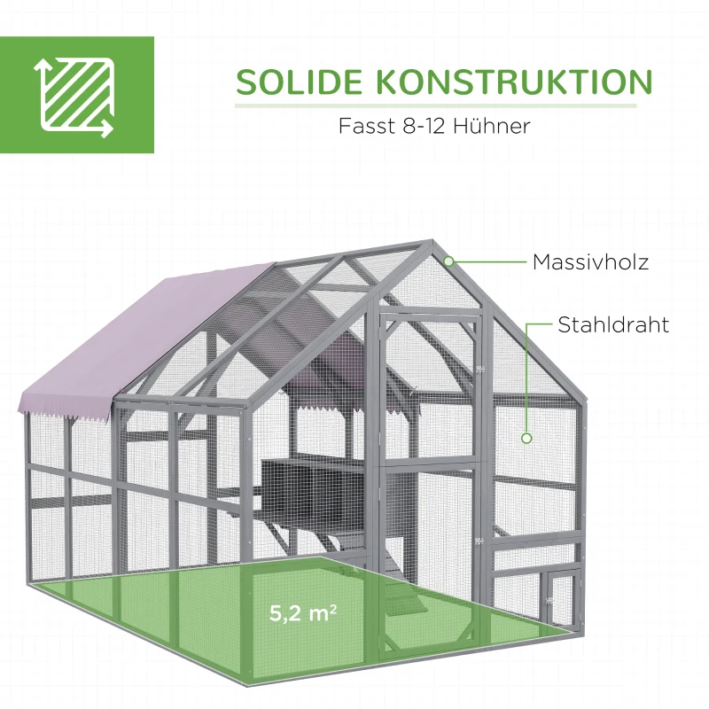 PawHut Kippenren Kippenhok Kippenhuis, toegankelijk, weerbestendig, 280 x 185,5 x 188 cm, Grijs