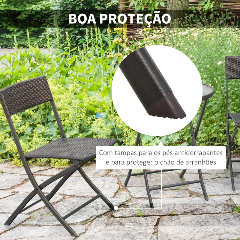 Outsunny Conjunto de Mesa e 2 Cadeiras Móveis Ratan para Jardim Dobrável Estrutura Aço - Castanho - 61x46x84cm