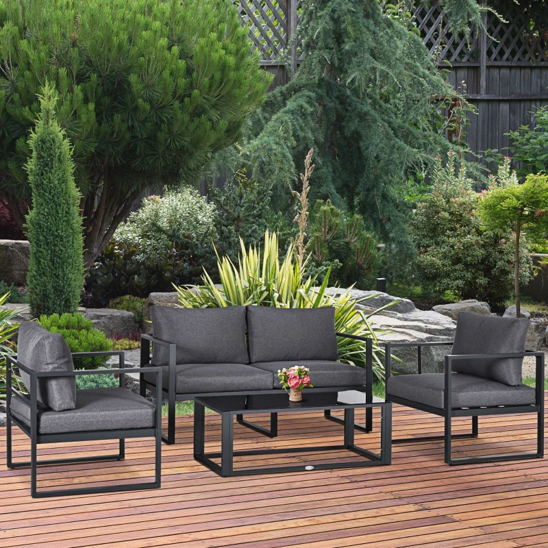 Outsunny 4 Pieces Garden Sofa Set, Including 2 Single Armchairs, 1 Bench & Side Table, Aluminium Frame Patio Furniture with Cushions, Grey