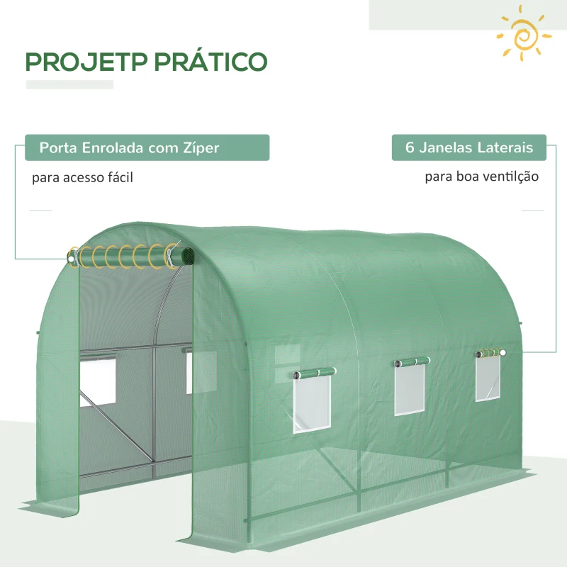 Outsunny Estufa Tipo Túnel de Jardim 350x200x200cm Estufa de Jardim com 6 Janelas Respiráveis e Porta Enrolável com Zíper para Cultivo de Plantas e Verduras Verde