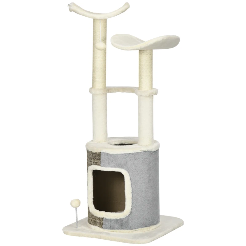 PawHut Cat Tree with Cat Cave, Two Platforms, Two Scratching Posts, Plush Cover, Cream White, 48 x 48 x 110cm