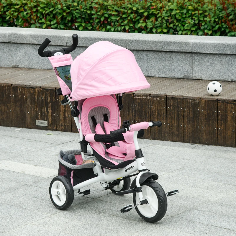 HOMCOM 6 in 1 Kids Trike Push Bike w/ Push Handle, Canopy, 5-point Safety Belt, Storage, Footrest, Brake, for 1-5 Years, Pink