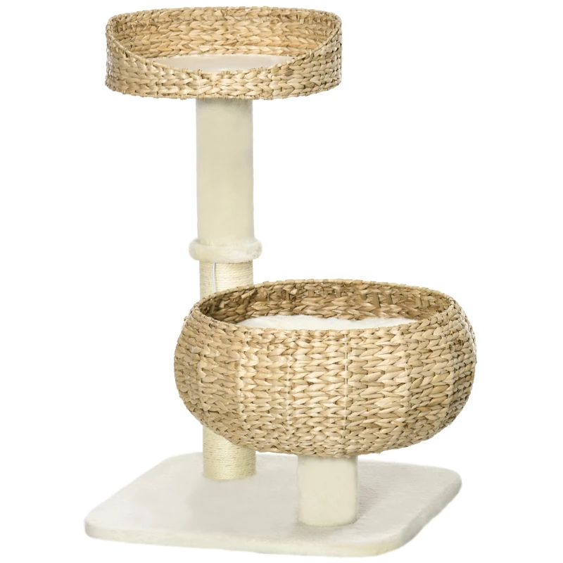 PawHut Scratching Post, Two Cat Beds with Washable Cushions, Two Scratching Posts, Play Ball, Beige+Cream, 48 x 48 x 72cm