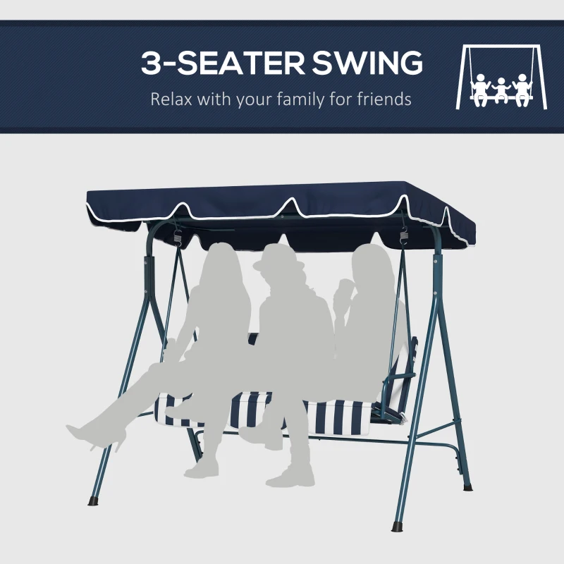 Outsunny 3 Seater Garden Swing Chair with Adjustable Tilting Canopy, Outdoor Hammock Bench with Steel Frame, Padded Seat for Patio Yard Outside, Blue