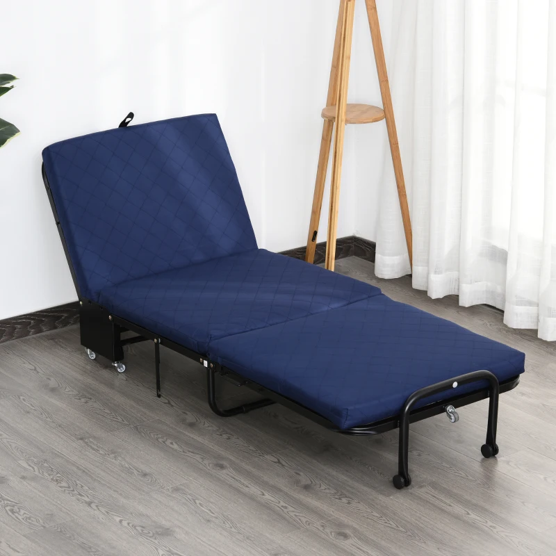 HOMCOM Brandina Pieghevole, Letto Singolo con Materasso Imbottito e Schienale Regolabile su 5 Livelli, Blu, 184x65x26cm