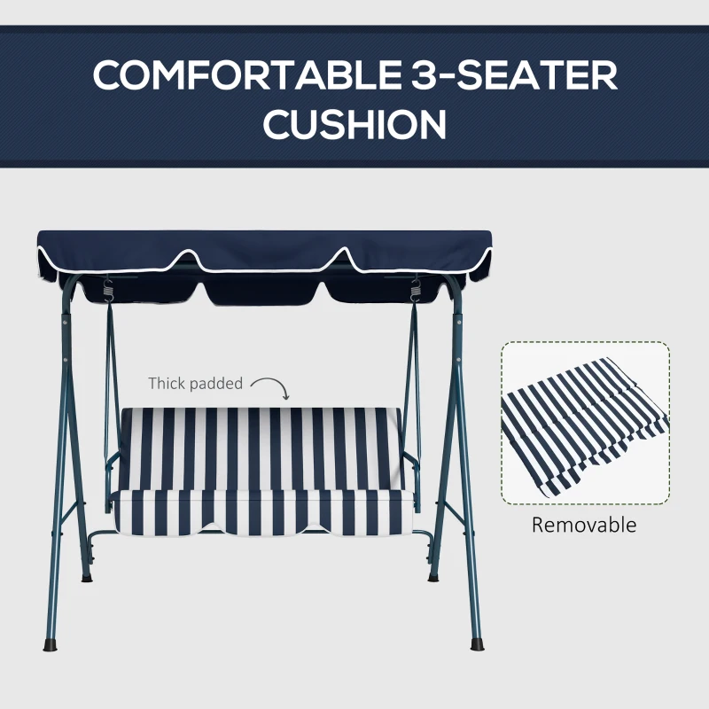 Outsunny 3 Seater Garden Swing Chair with Adjustable Tilting Canopy, Outdoor Hammock Bench with Steel Frame, Padded Seat for Patio Yard Outside, Blue
