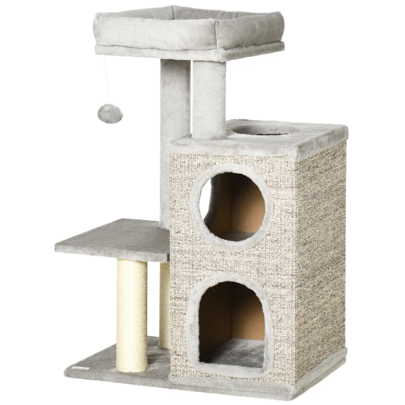 PawHut Scratching Post with Cat Condo, Cat Bed, and Ball Toy, 60 cm x 40 cm x 91 cm, Light Gray + Natural