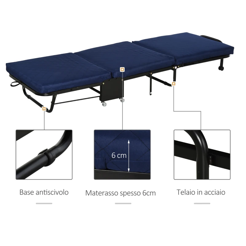 HOMCOM Brandina Pieghevole, Letto Singolo con Materasso Imbottito e Schienale Regolabile su 5 Livelli, Blu, 184x65x26cm