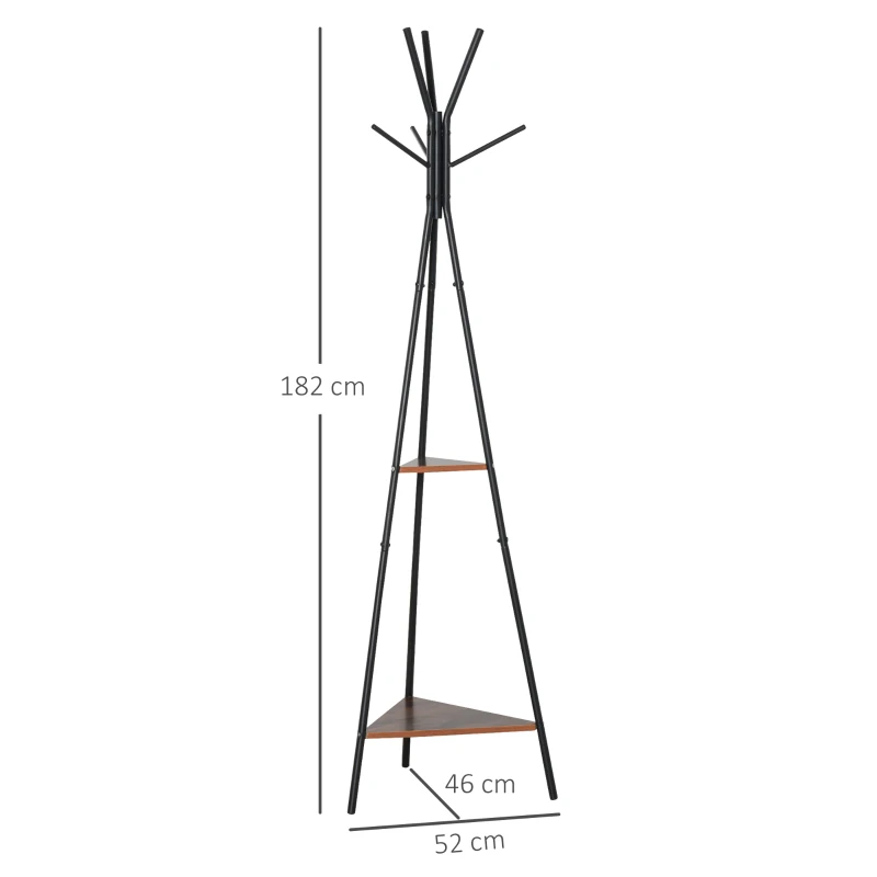 HOMCOM Cabide de Pé Metálico com 6 Ganchos e Prateleiras Cabide de Pé para Pendurar Roupas Bolsas Chapéus 46x52x182 cm Preto e Madeira
