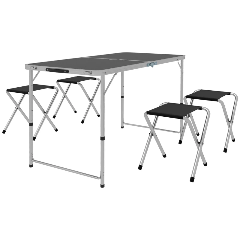 Outsunny Conjunto de Campismo de 5 Peças Mesa Dobrável com Assentos Inclui 1 Mesa Ajustável em Altura com Orifício e 4 Assentos Preto