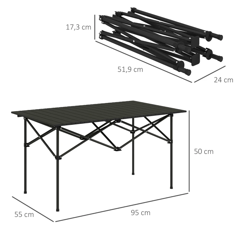 Outsunny Mesa de Campismo Dobrável de Metal com Tampo Enrolável e Bolsa de Transporte Mesa de Piquenique Portátil 95x55x50 cm Preto
