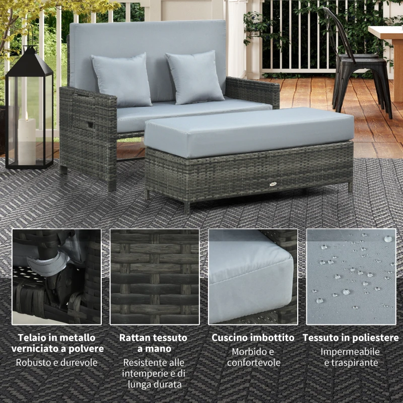 Outsunny Sofa ogrodowa z technorattanu, zestaw 2-osobowy, leżak ogrodowy, podnóżek, kolor szary