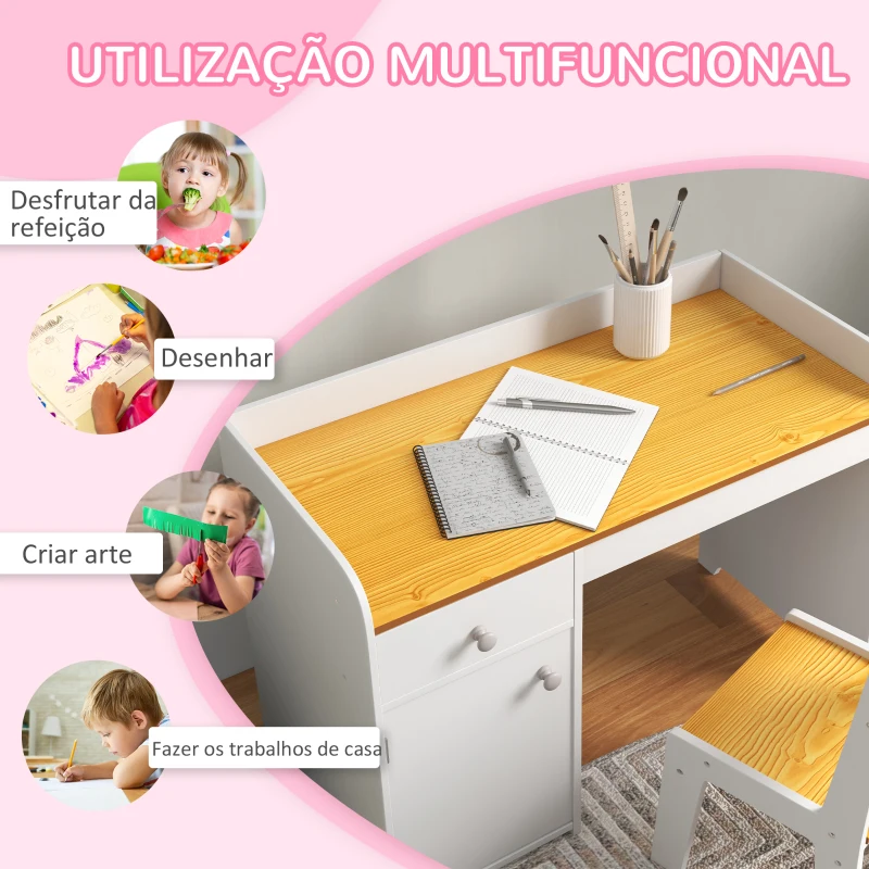 ZONEKIZ Conjunto de Secretária e Cadeira para Crianças Conjunto Infantil de 2 Peças com Gaveta e Armário para Quarto Branco e Natural