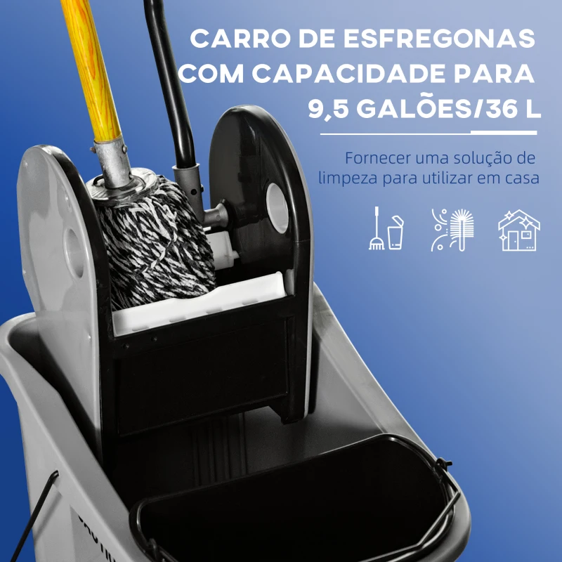 HOMCOM Balde de Esfregona Comercial com Espremedor de Pressão para Baixo Capacidade 36L com 4 Rodas 2 Cubetas 54x41x91,5 cm Cinza