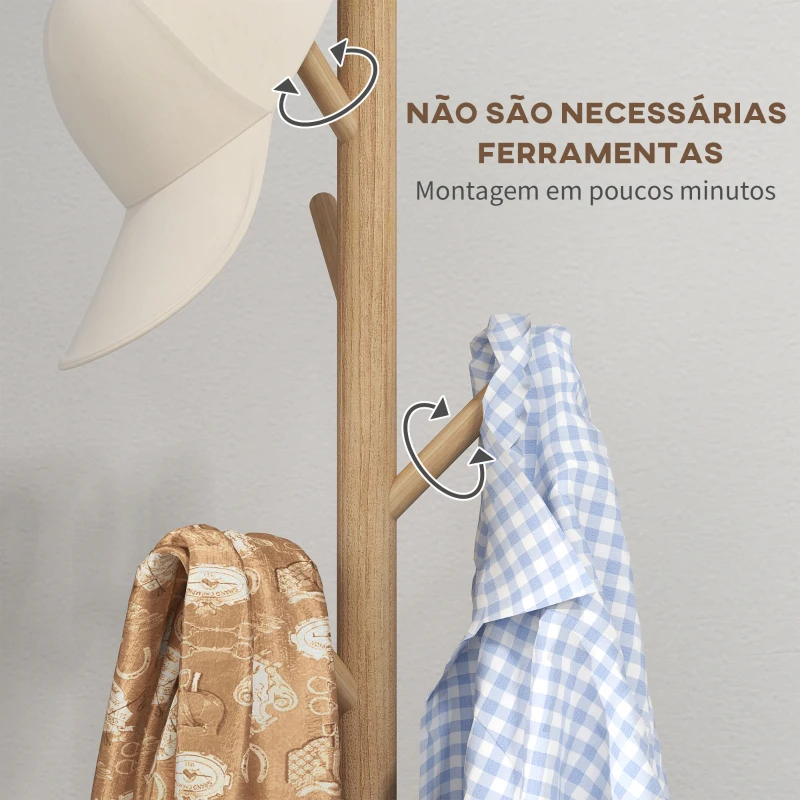 HOMCOM Cabide de Pé de Madeira com 8 Ganchos para Pendurar Roupa e Bolsas Forma de Árvore para Corredor Entrada 40x40x165 cm Natural
