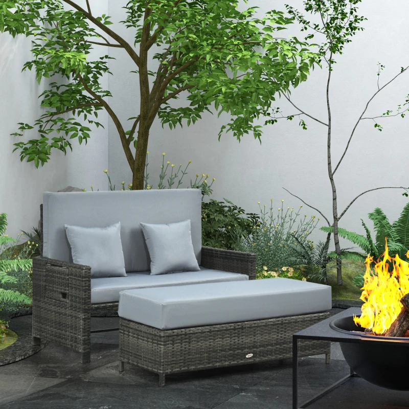 Outsunny Sofa ogrodowa z technorattanu, zestaw 2-osobowy, leżak ogrodowy, podnóżek, kolor szary