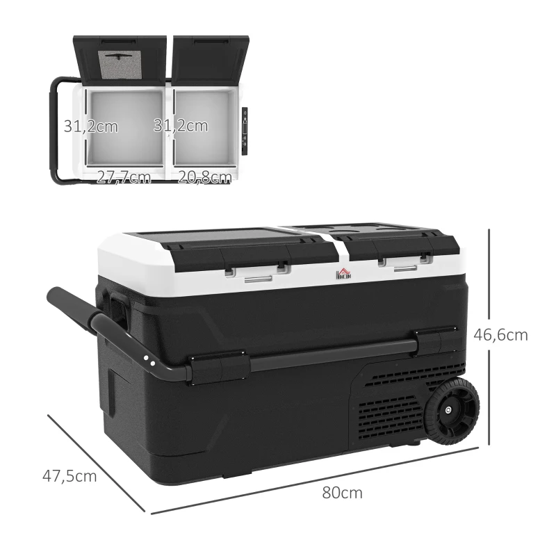 HOMCOM Geleira Portátil 40L com Dupla Zona Refrigeradora para Carro -20℃-20℃ 12 / 24V DC e 100-240V AC com Luz LED 80x47,5x46,6 cm Preto