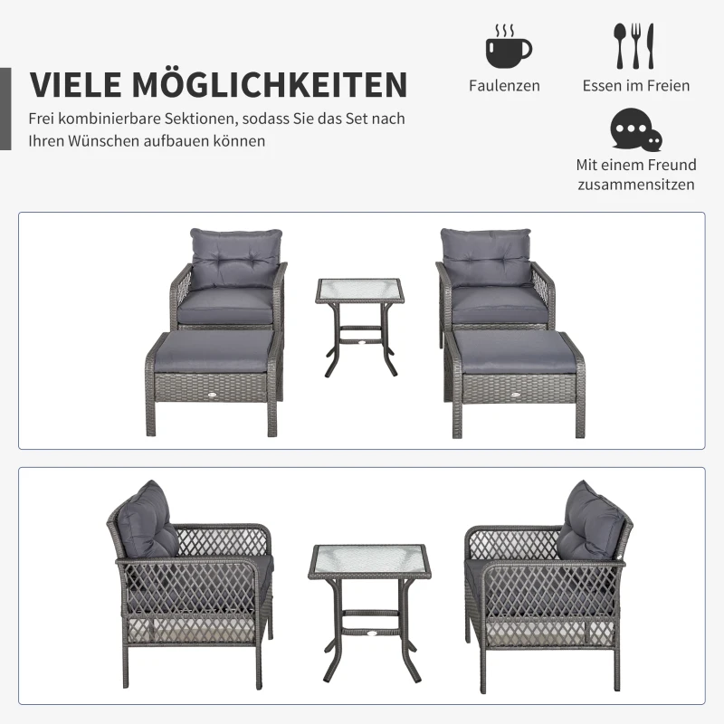 Outsunny Rattan Gartenmöbel Set für 4 Personen Balkonmöbel Set Sofa mit Hocker Tisch Sitzgruppe Stahl Grau