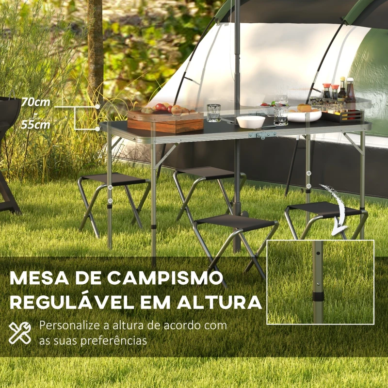 Outsunny Conjunto de Campismo de 5 Peças Mesa Dobrável com Assentos Inclui 1 Mesa Ajustável em Altura com Orifício e 4 Assentos Preto