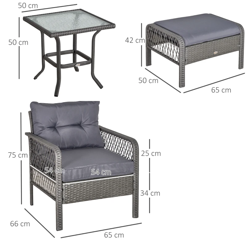 Outsunny Rattan Gartenmöbel Set für 4 Personen Balkonmöbel Set Sofa mit Hocker Tisch Sitzgruppe Stahl Grau