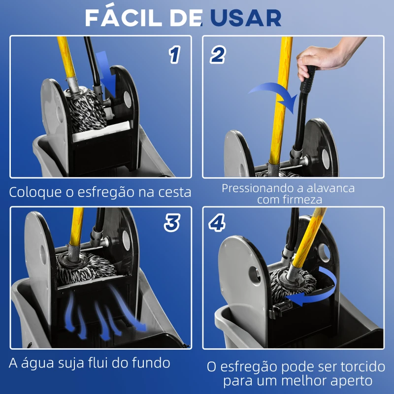 HOMCOM Balde de Esfregona Comercial com Espremedor de Pressão para Baixo Capacidade 36L com 4 Rodas 2 Cubetas 54x41x91,5 cm Cinza