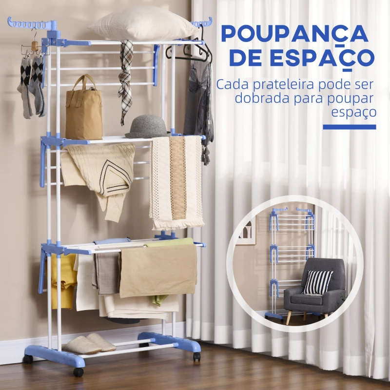 HOMCOM Estendal Dobrável para Roupa com Rodas Estendal Vertical de Aço com 3 Níveis Laterais Dobráveis 73x64x177cm Azul e Branco
